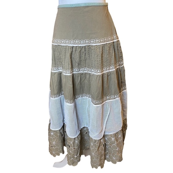 Vintage 80’s Prairie Skirt Large Drop Waist Multi Tiered Khaki and Ivory Retro - Picture 2 of 16